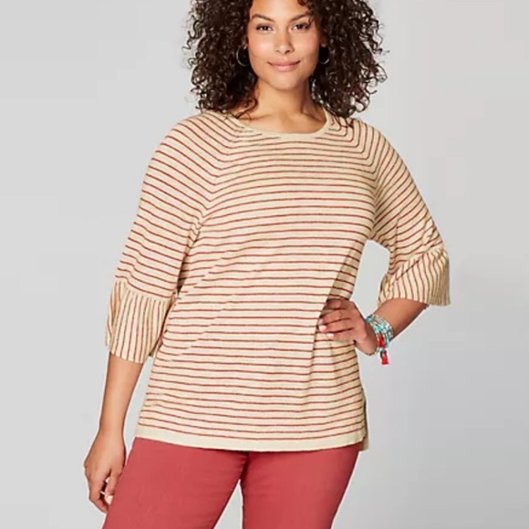 J. Jill Linen Blend Striped Sweater with Flounce Sleeve - Picture 1 of 8